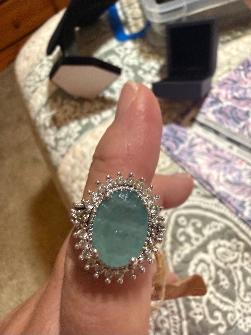 Elegant Silver-Tone Aquamarine Oval Statement Ring